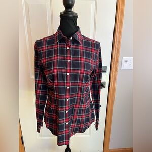 Women’s Brooks Brothers black red plaid button down fitted flannel shirt. Size 4